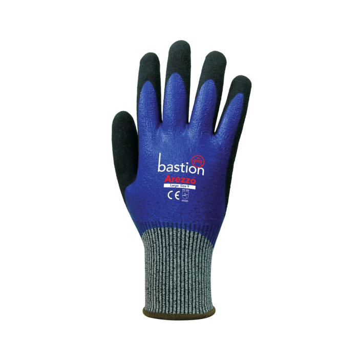 Arezzo - Grey HPPE Gloves, Blue Full Nitrile Coating & Black Sandy Foam Nitrile Coating