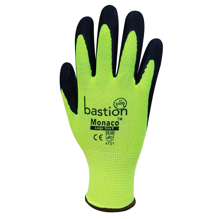 Monaco - High Viz Yellow Polyester Gloves Black Sandy Foam Nitrile Coating