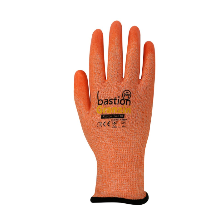 Granzin - Cut 5 13G High Viz Orange HPPE Gloves, Clear Silicone Palm Coating